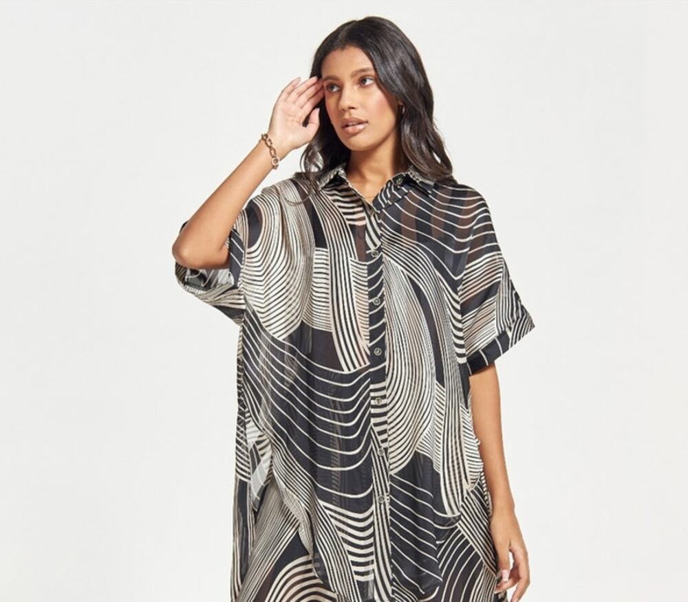 Sheer Black Beige Button-Up Chiffon Blouse Abstract Print Y2K Maximalist Medium